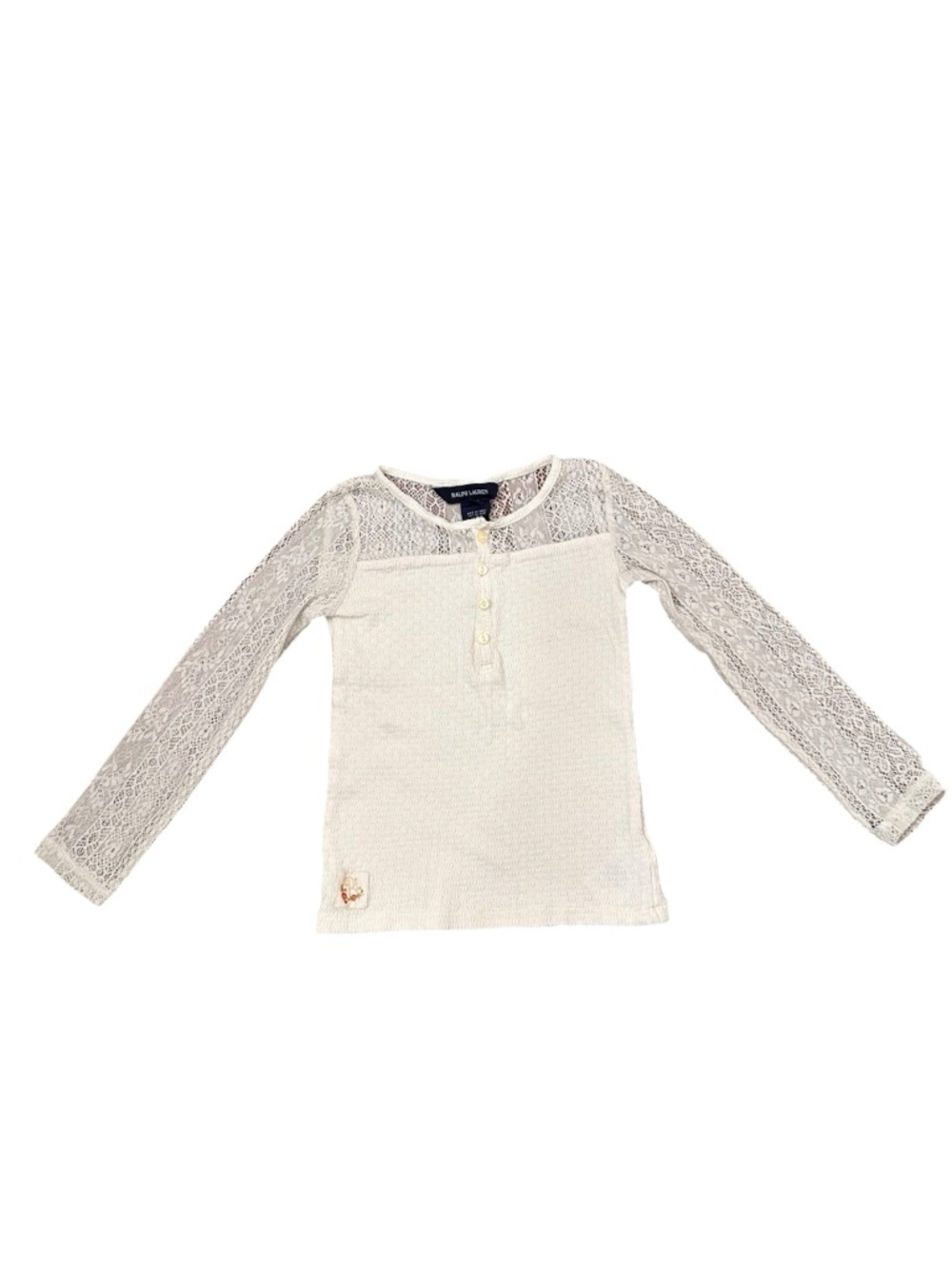 Ralph Lauren Girls' White Lace Sleeve Knit Henley To. Size 5.